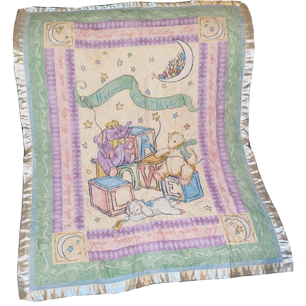 Flavia Baby Blanket Satin Trim ABC's Moon Stars Welcome To World Double Sided